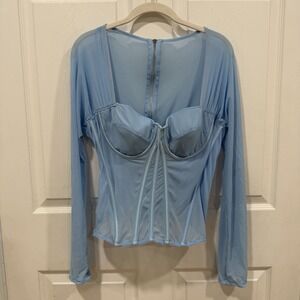 Women's Shades Of Blonde Blue Corset Long Sleeve Baby Blue Top Sheer 1XL
